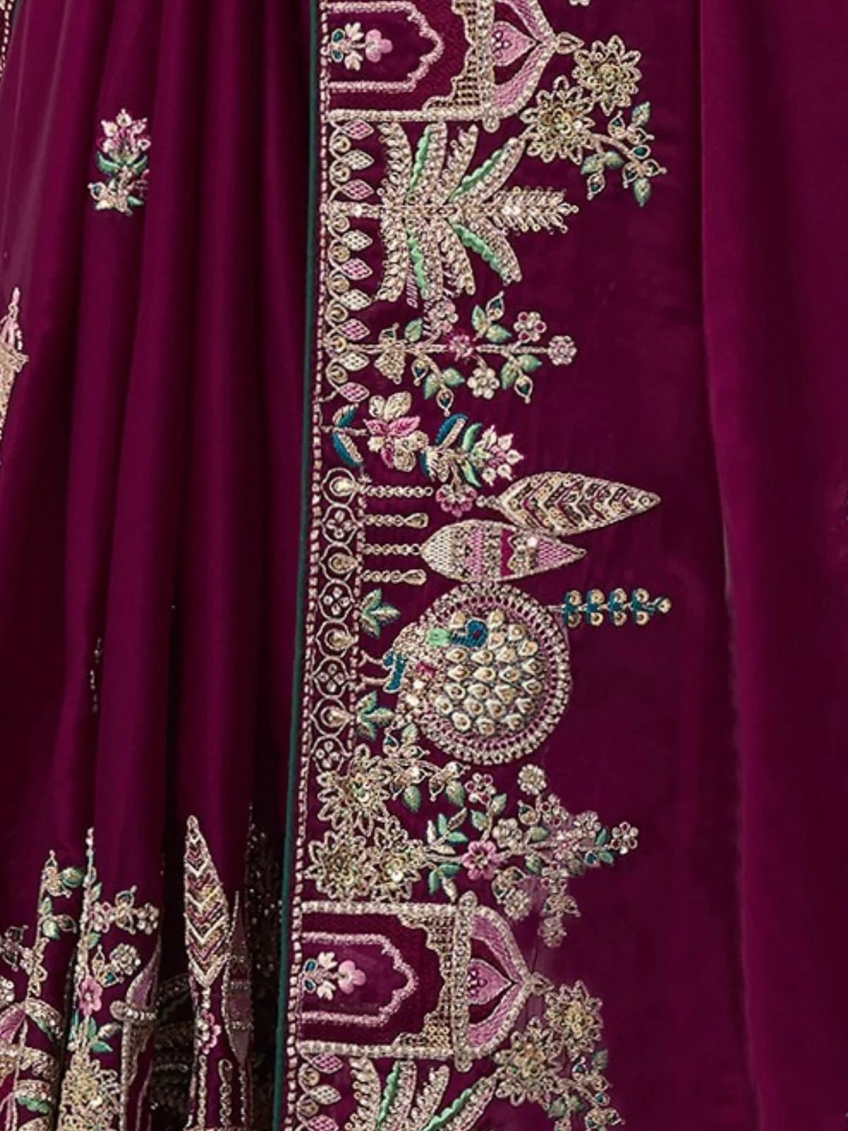 Odette Wine Satin Embroidered Saree For Women - Image 3