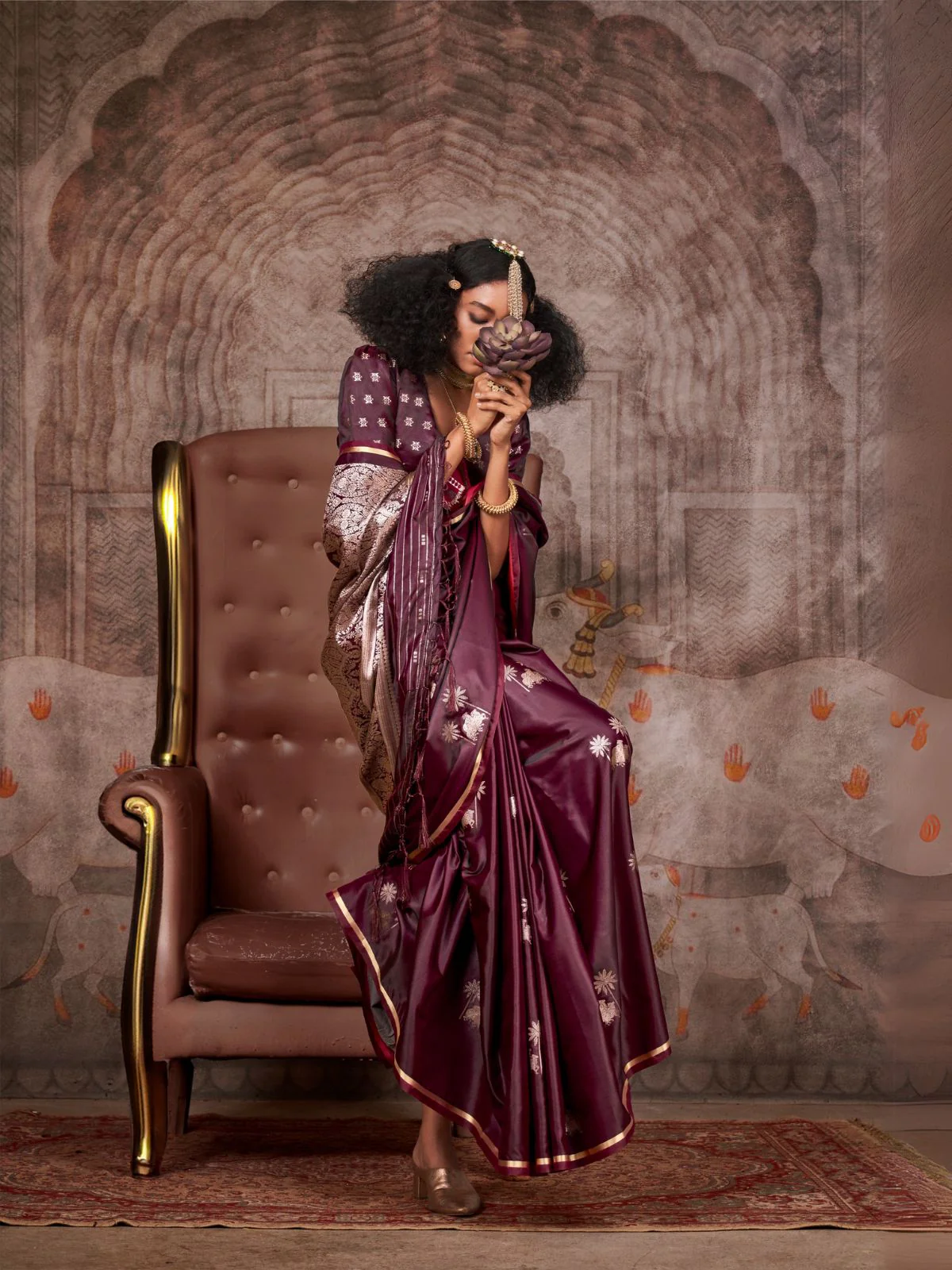 Odette Wine Satin Woven Saree With Unstitched Blouse For Women - Image 2