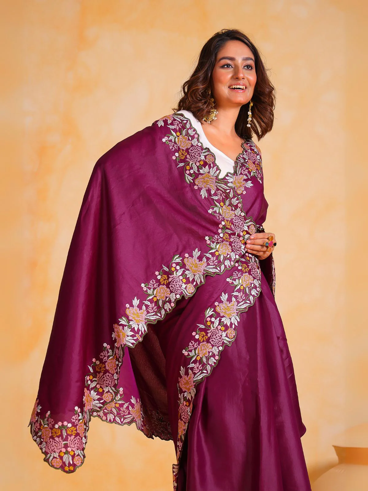 Odette Wine Silk Blend Embroidered Saree With Unstitched Blouse For Women - Image 4