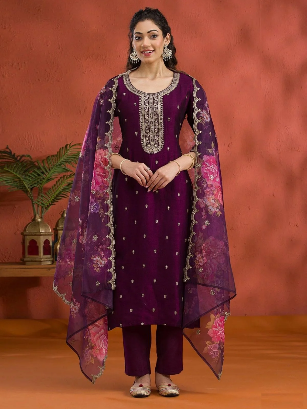 Odette Wine Silk Blend Embroidered Semi-Sitched Kurta Set For Women