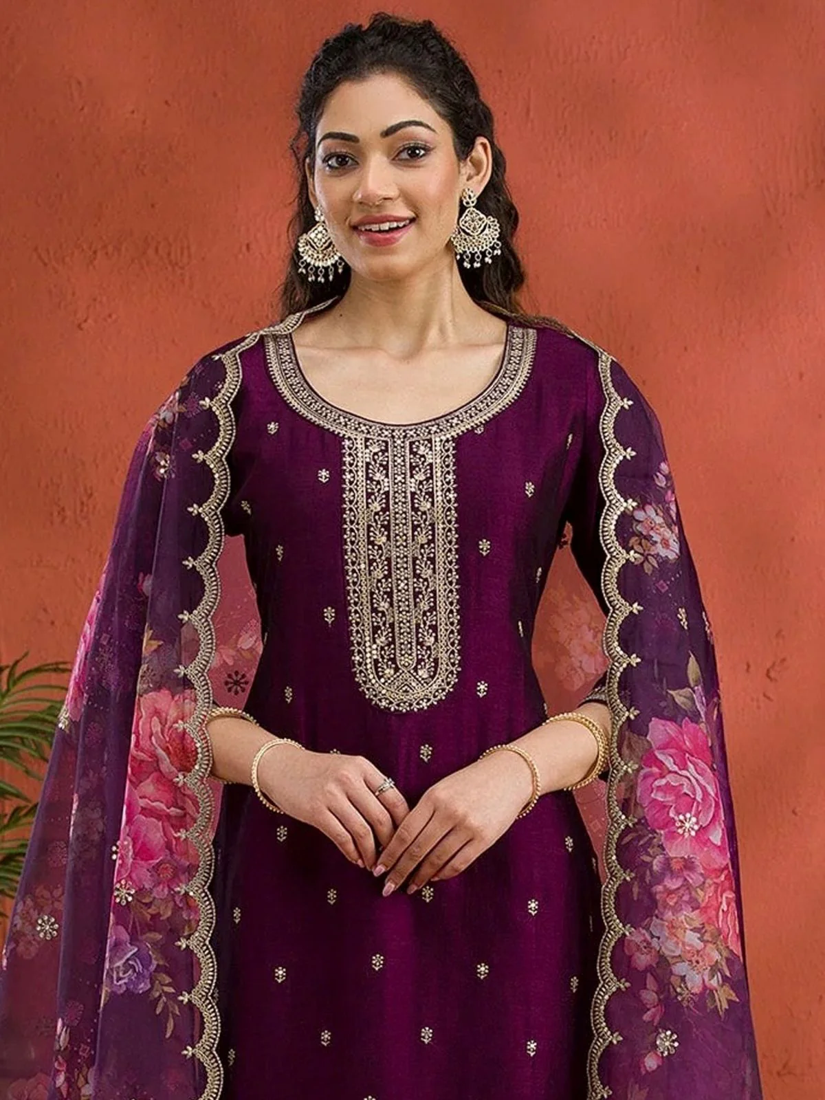 Odette Wine Silk Blend Embroidered Semi-Sitched Kurta Set For Women - Image 2