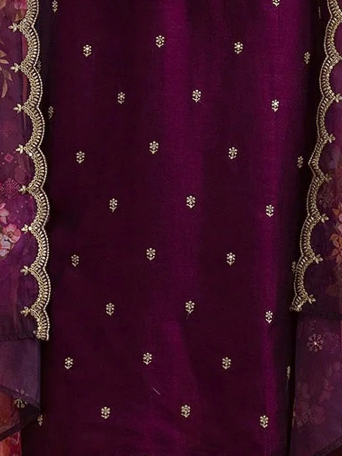 Odette Wine Silk Blend Embroidered Semi-Sitched Kurta Set For Women - Image 3