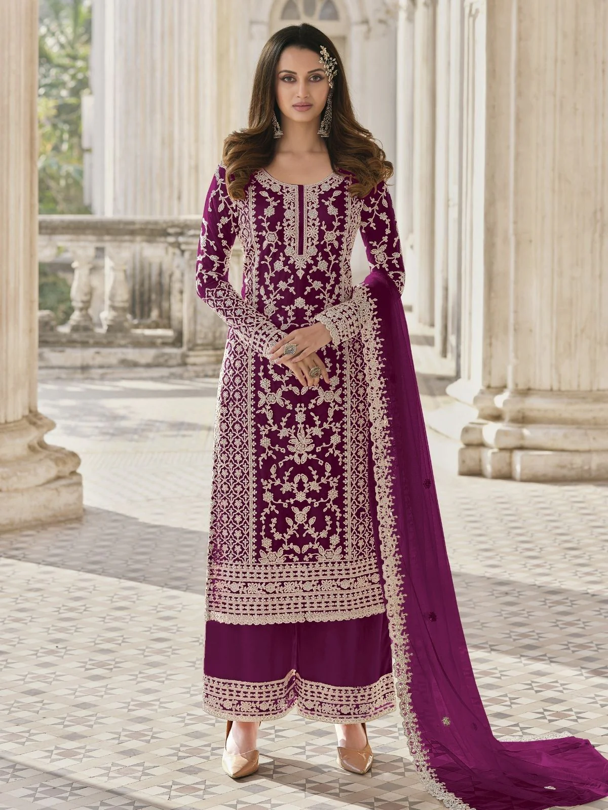 Odette Wine Silk Blend Embroidered Semi Stitched Kurta Set For Women