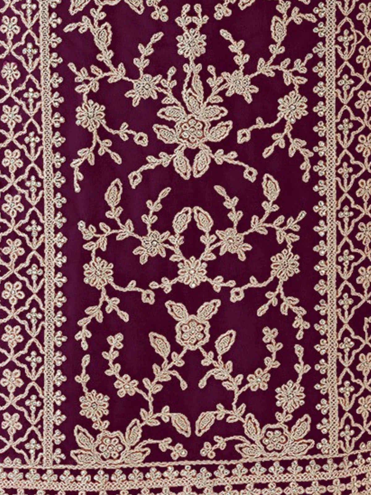 Odette Wine Silk Blend Embroidered Semi Stitched Kurta Set For Women - Image 3