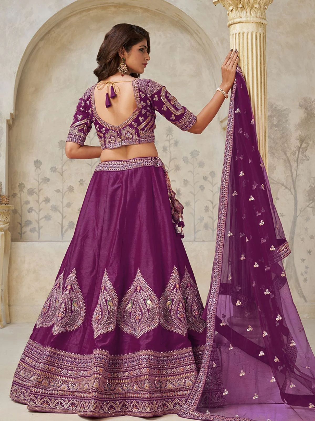 Odette Wine Silk Blend Embroidered Semi-Stitched Lehenga For Women - Image 2