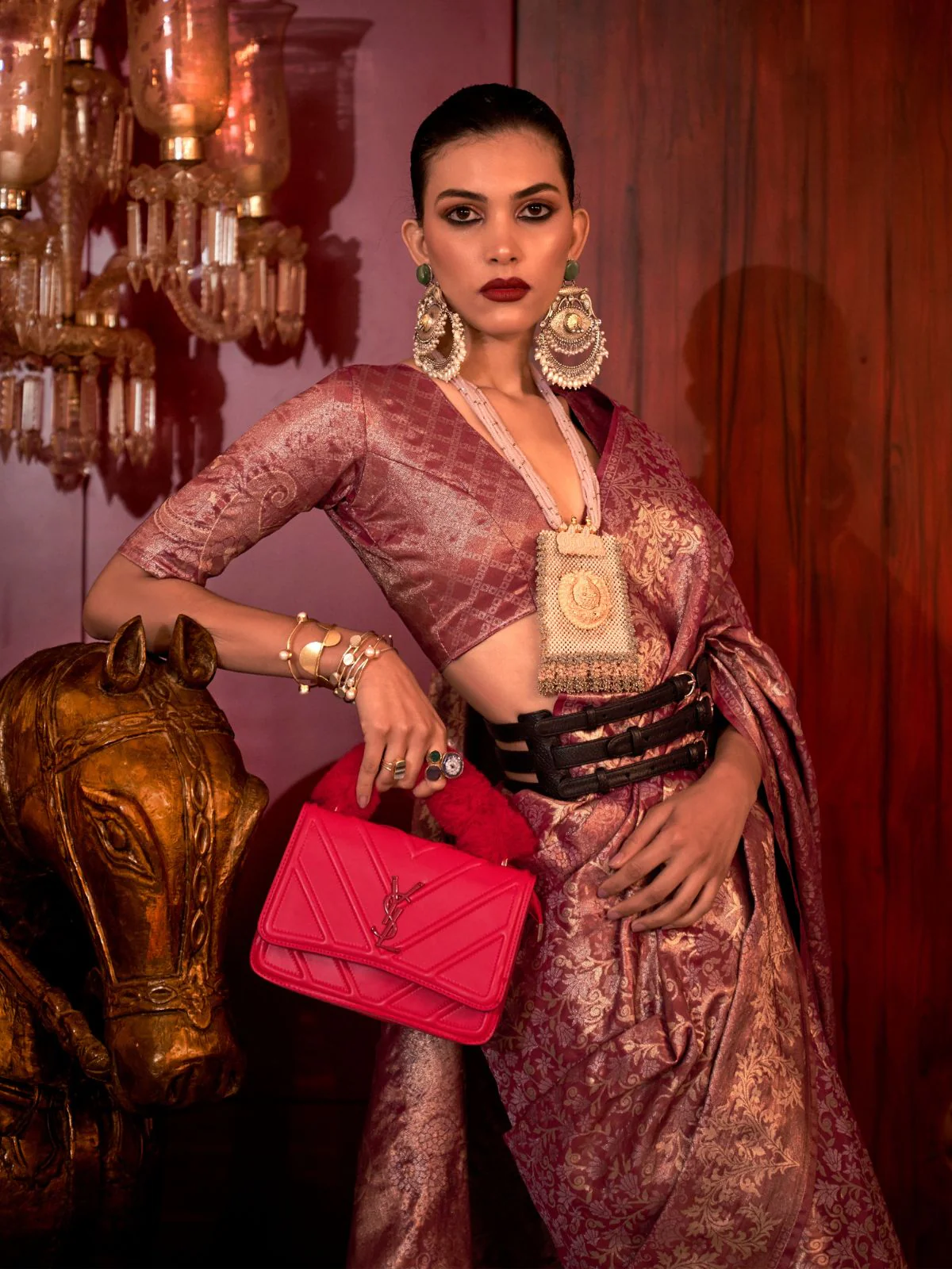 Odette Wine Silk Blend Woven Saree With Unstitched Blouse For Women - Image 2