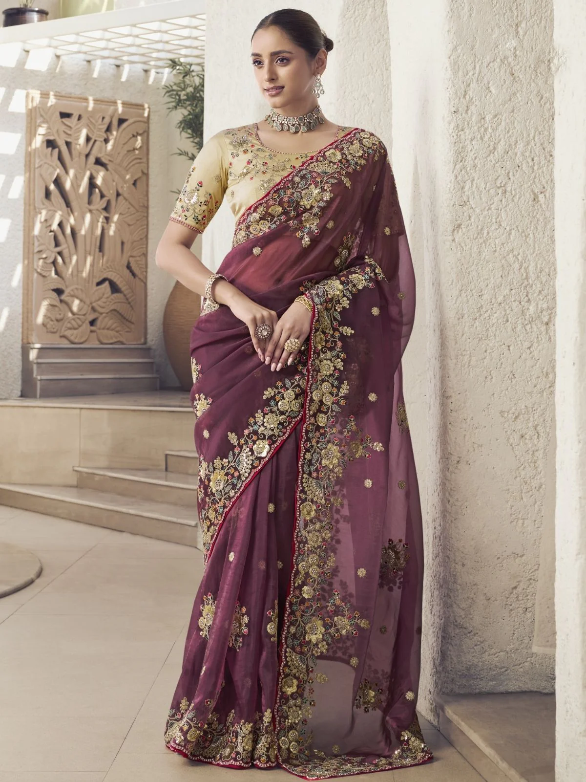 Odette Wine Organza Embroidered Saree With Unstitched Blouse For Women