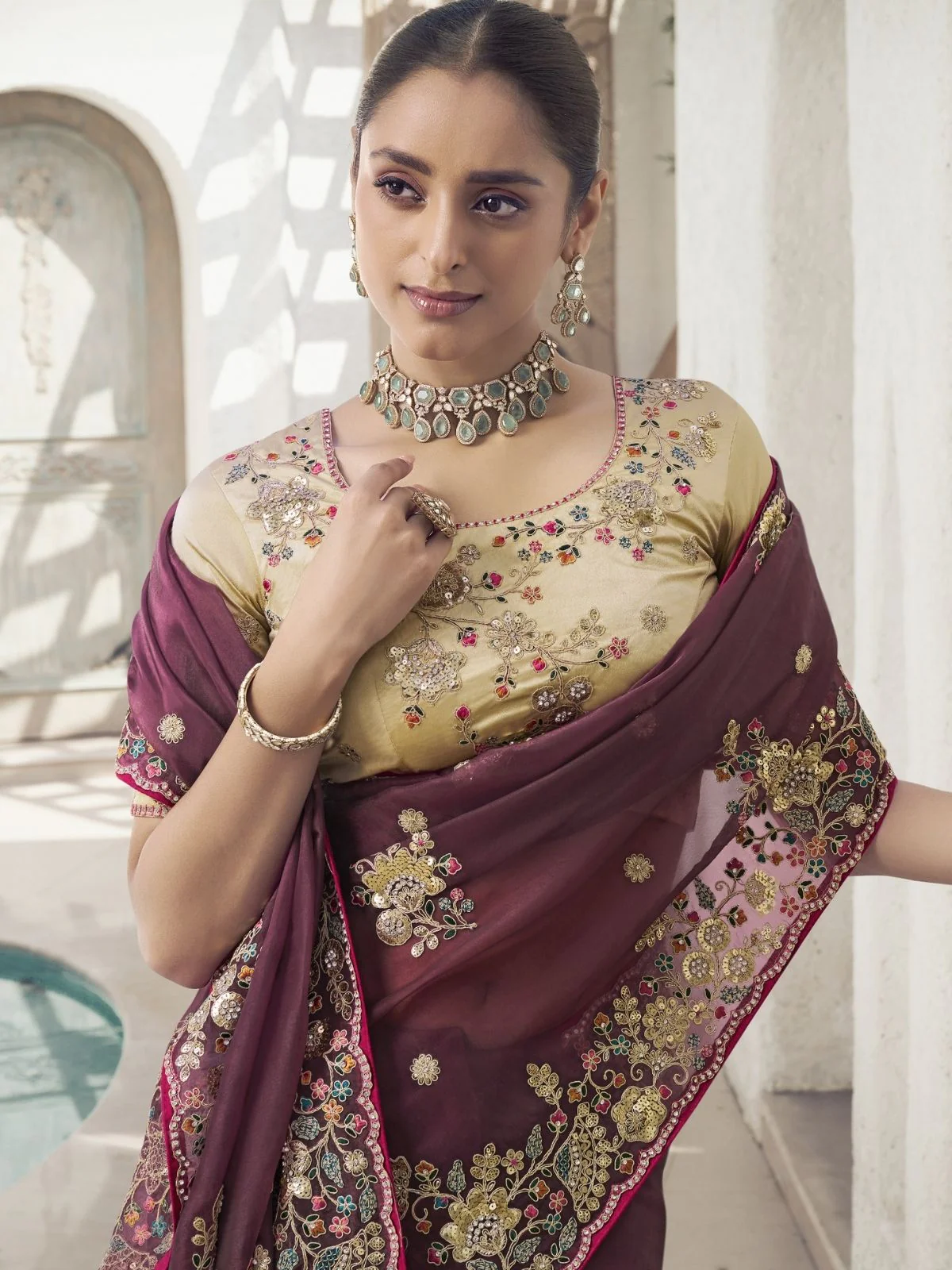 Odette Wine Organza Embroidered Saree With Unstitched Blouse For Women - Image 2