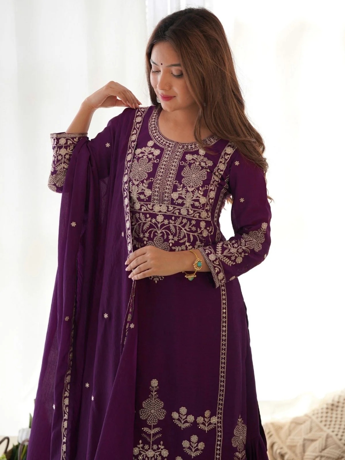 Odette Wine Silk Embroidered Sharara Set For Women - Image 4
