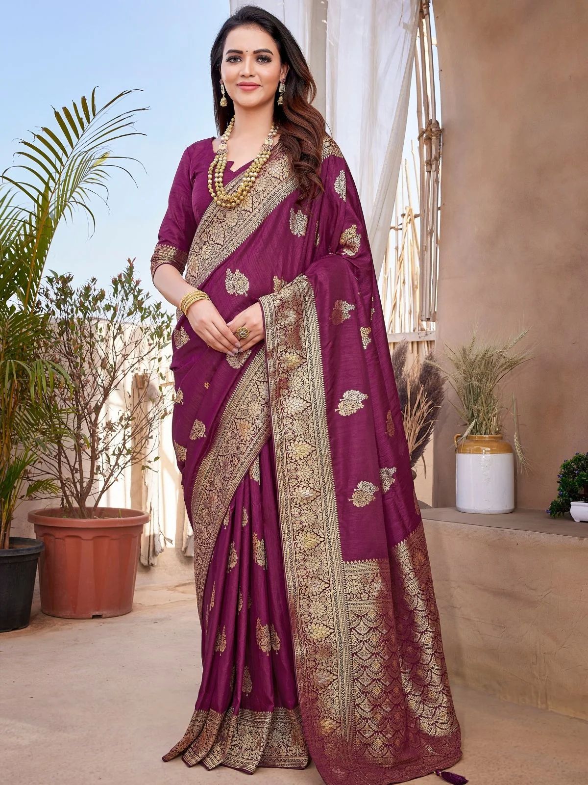 Odette Wine Silk Woven Saree For Women