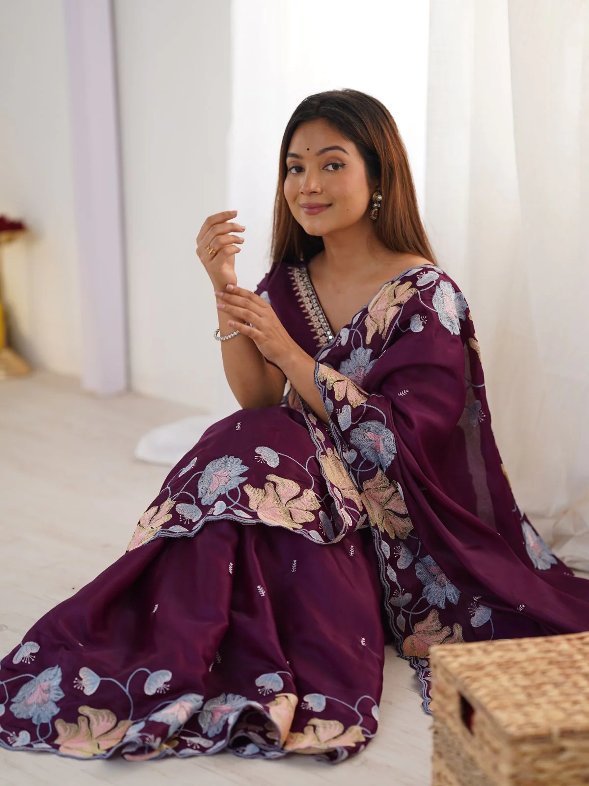 Odette Wine Tissue Embroidered Saree With Unstitched Blouse For Women - Image 3