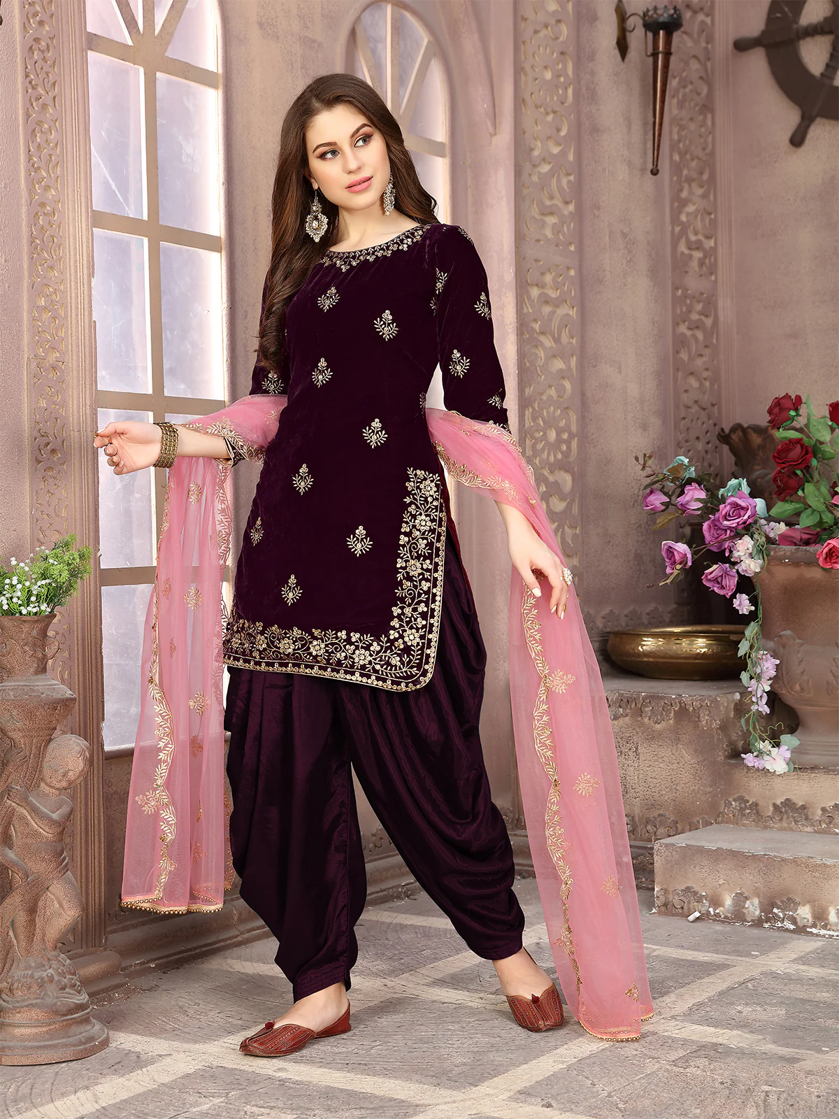 Odette Wine Velvet Embroidered Semi stitched Kurta Set For Women - Image 2