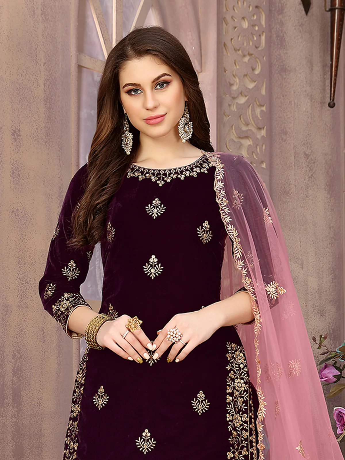 Odette Wine Velvet Embroidered Semi stitched Kurta Set For Women - Image 3