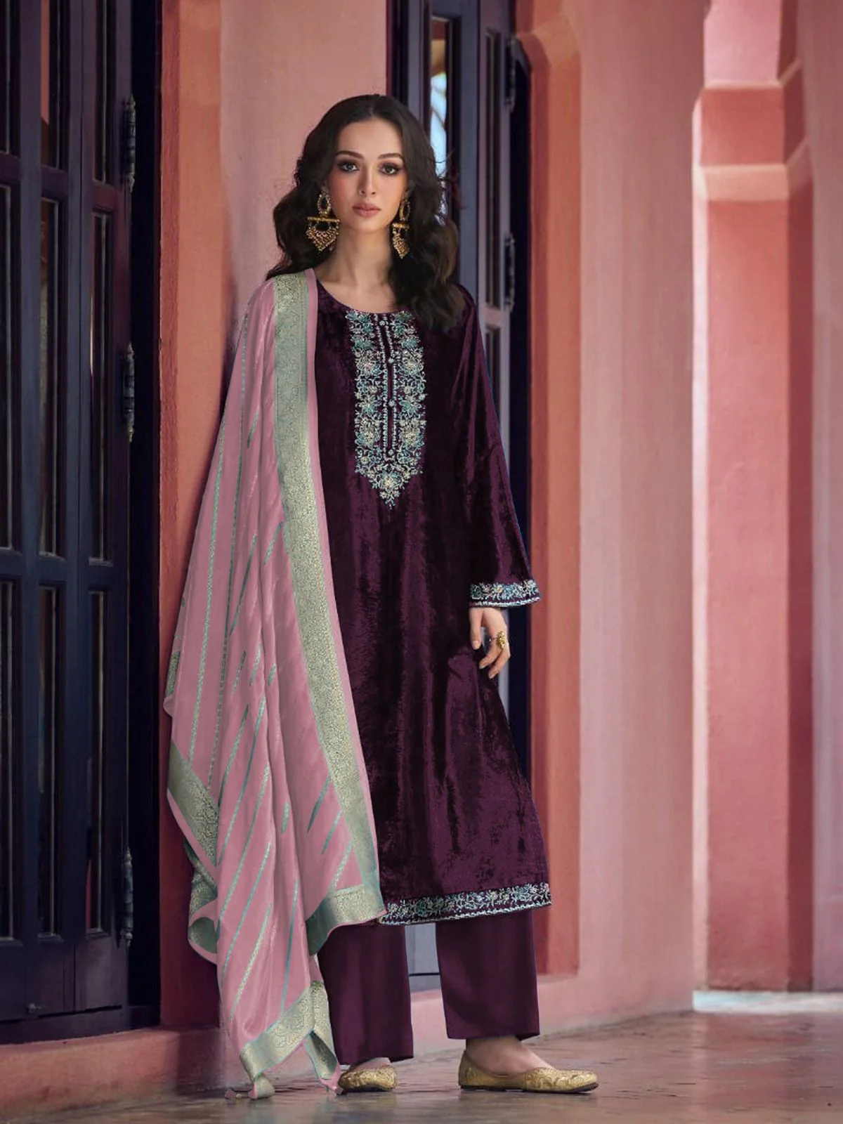 Odette Wine Velvet Embroidery Semi-Stitched Kurta Set For Women