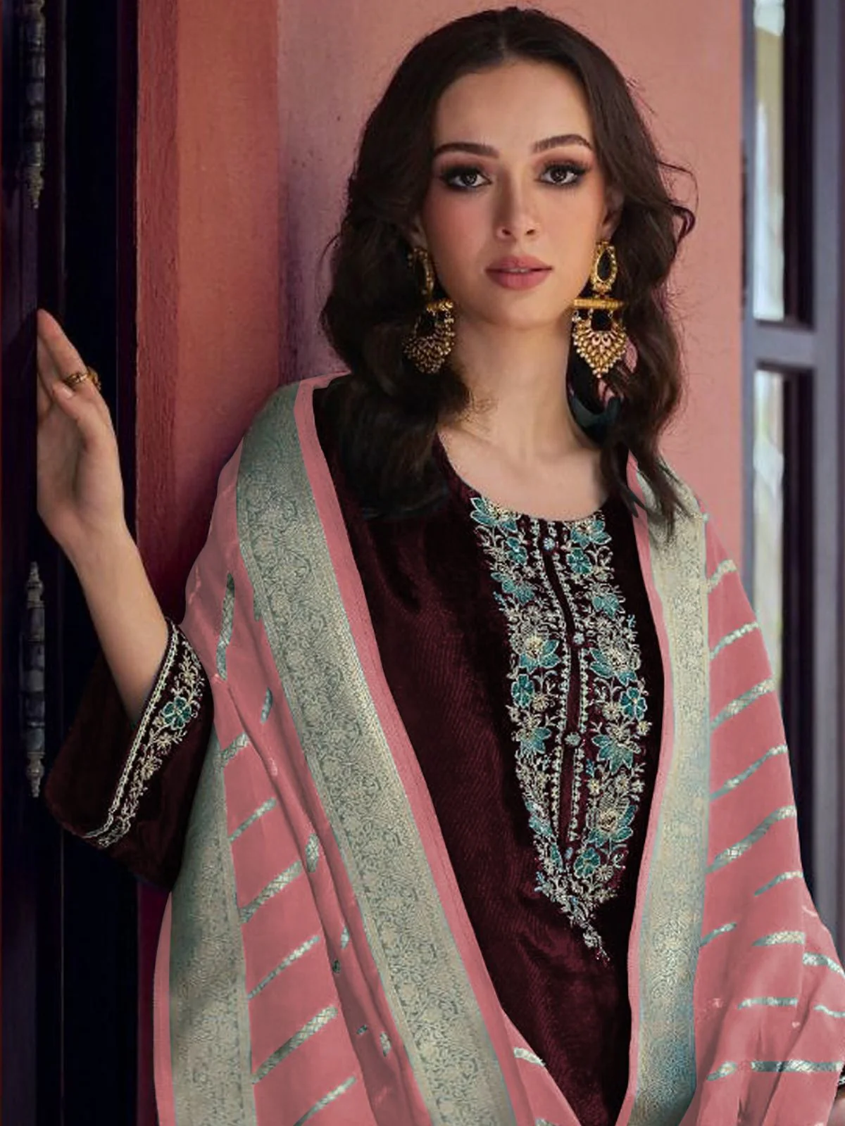 Odette Wine Velvet Embroidery Semi-Stitched Kurta Set For Women - Image 2