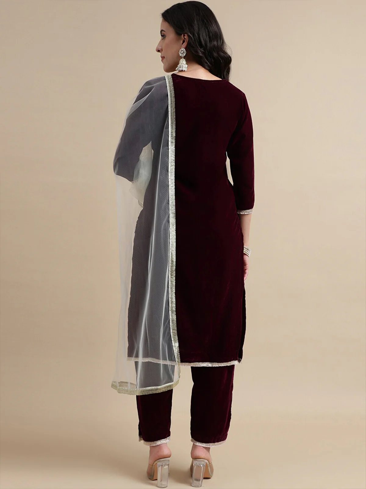 Odette Wine Velvet Embellished  Stitched Kurta Set For Women - Image 3