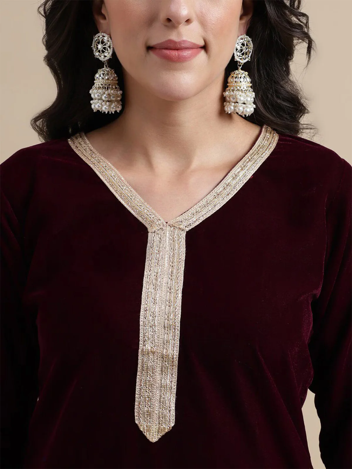 Odette Wine Velvet Embellished  Stitched Kurta Set For Women - Image 4