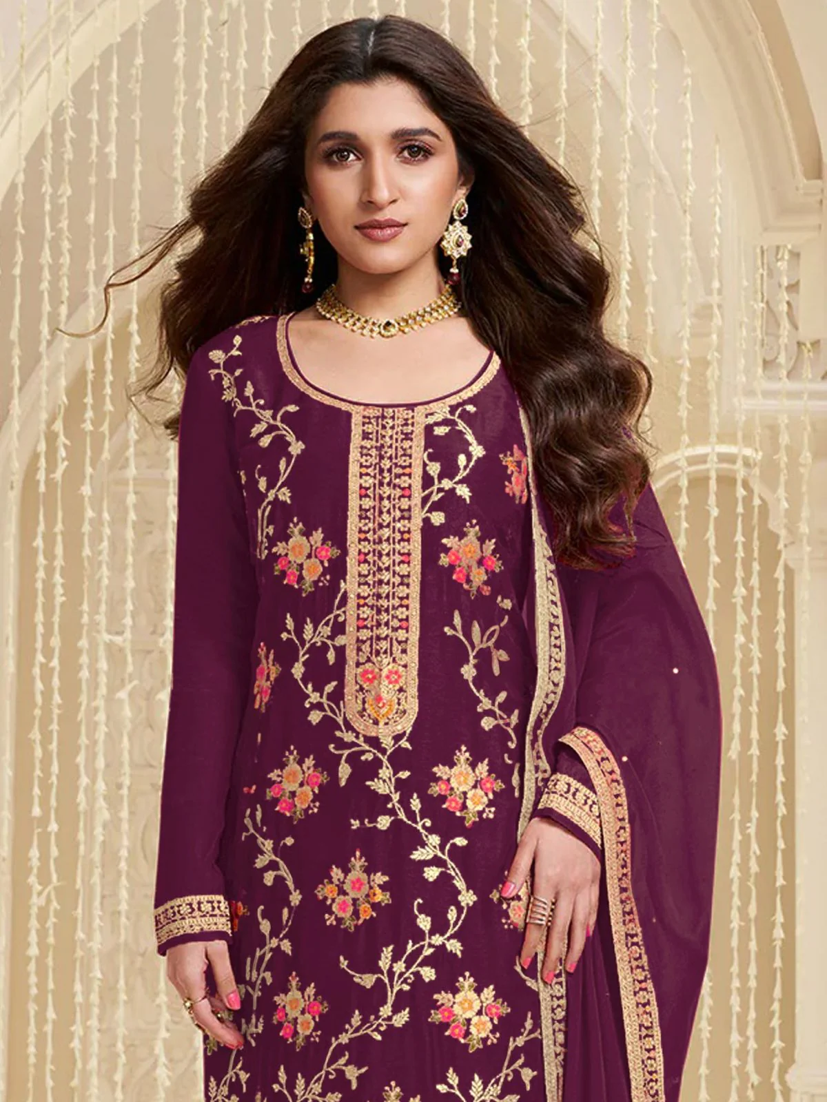 Odette Wine Viscose Embroidered Semi-Stitched Kurta Set For Women - Image 2