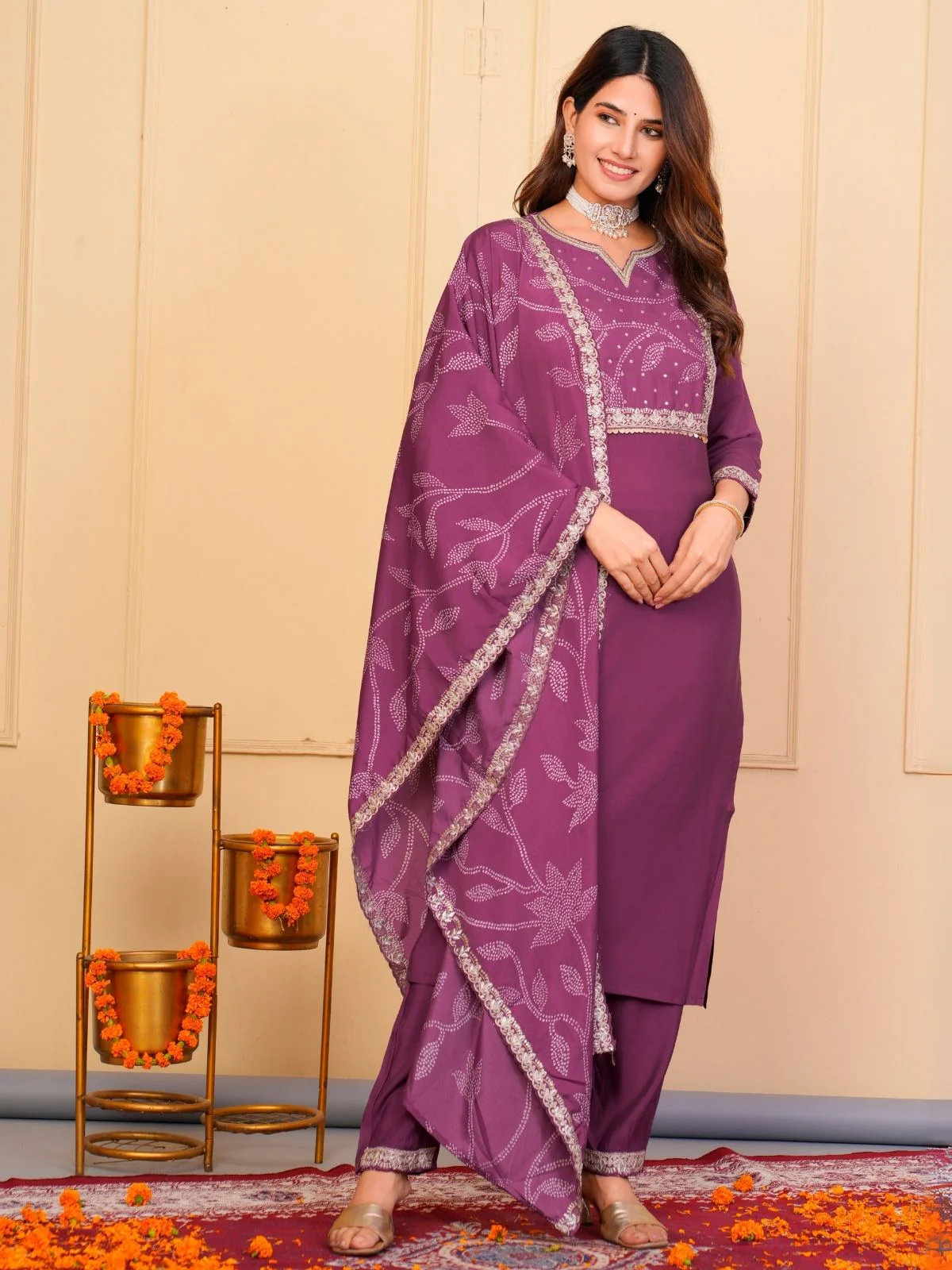 Odette Wine Viscose Embroidered Stitched Kurta Set For Women - Image 2
