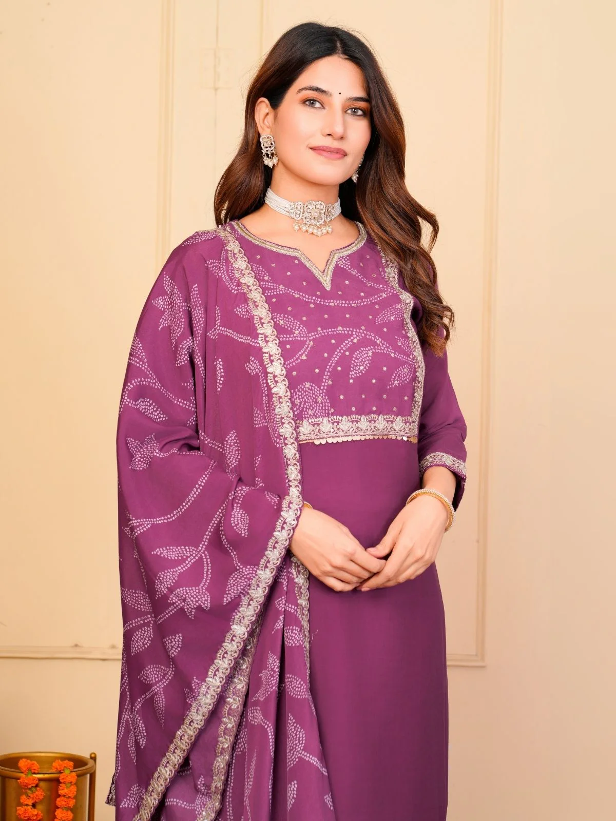 Odette Wine Viscose Embroidered Stitched Kurta Set For Women - Image 4