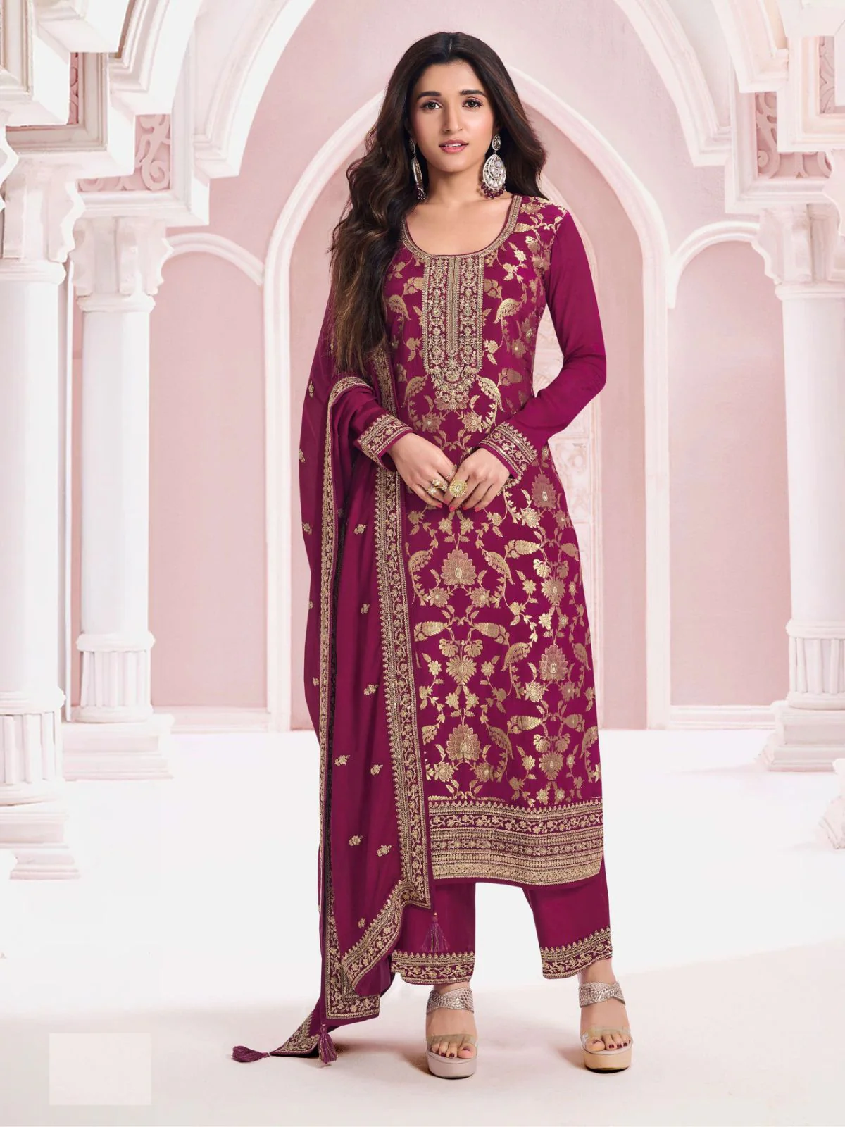 Odette Wine Viscose Rayon Embroidered Semi-Stitched Kurta Set For Women