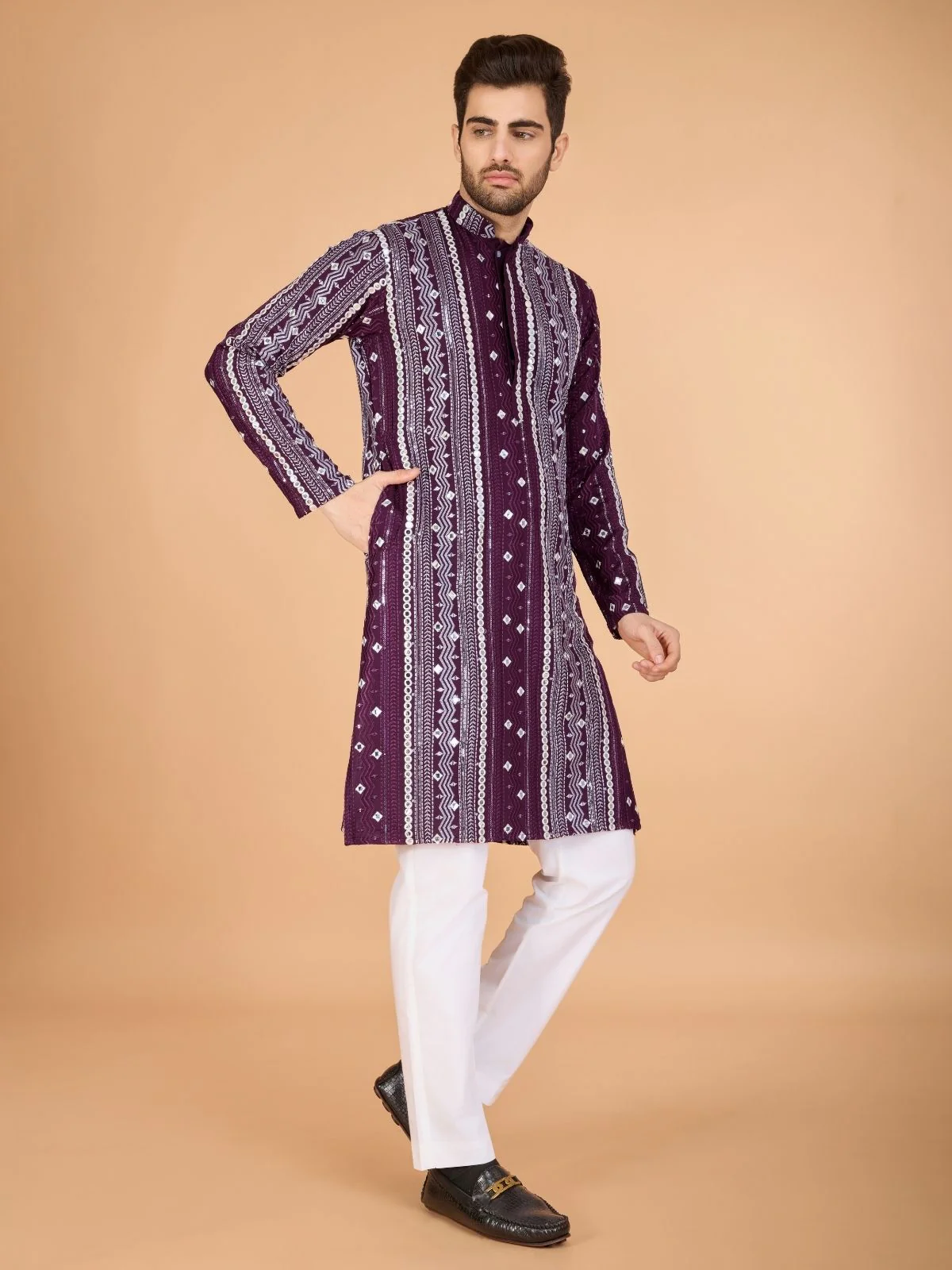 Odette Wine Viscose Rayon Embroidered Stitched Kurta For Men - Image 3