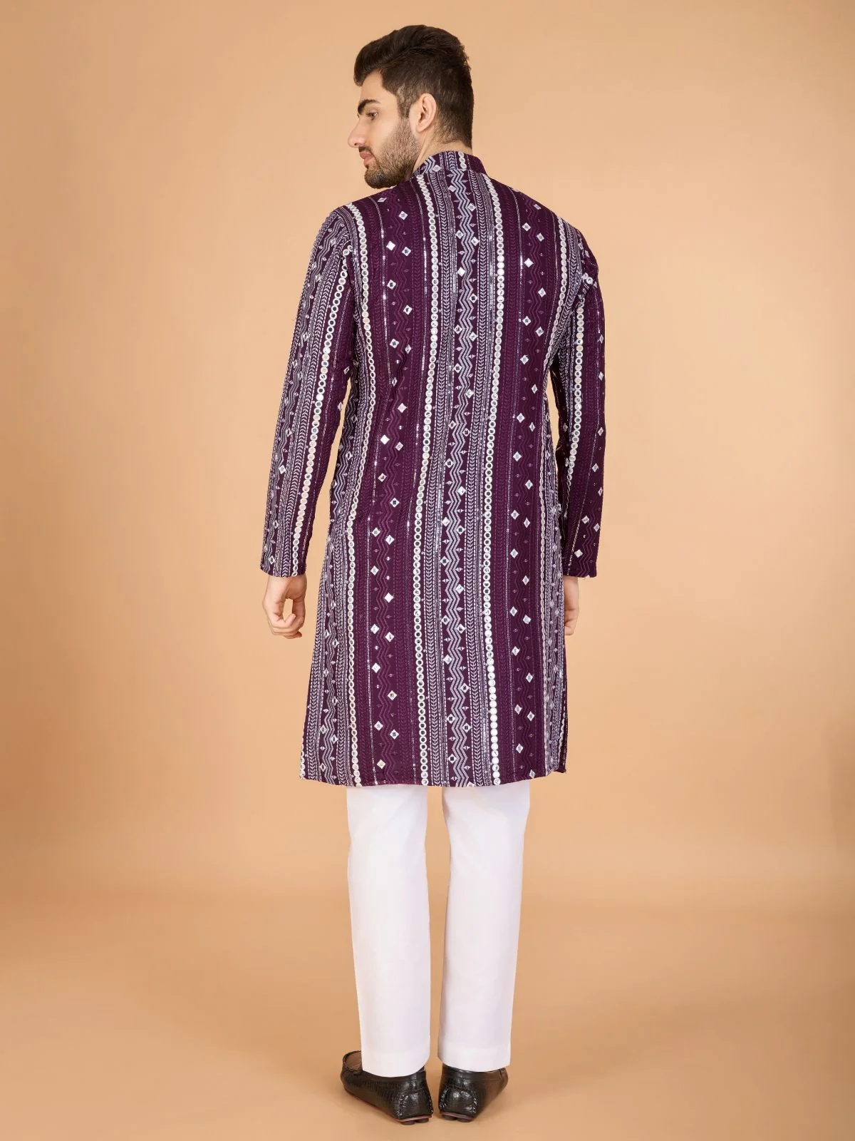 Odette Wine Viscose Rayon Embroidered Stitched Kurta For Men - Image 4