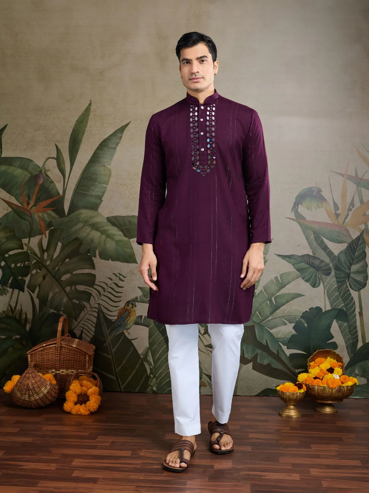 Odette Wine Viscose Rayon Woven Kurta For Men - Image 3