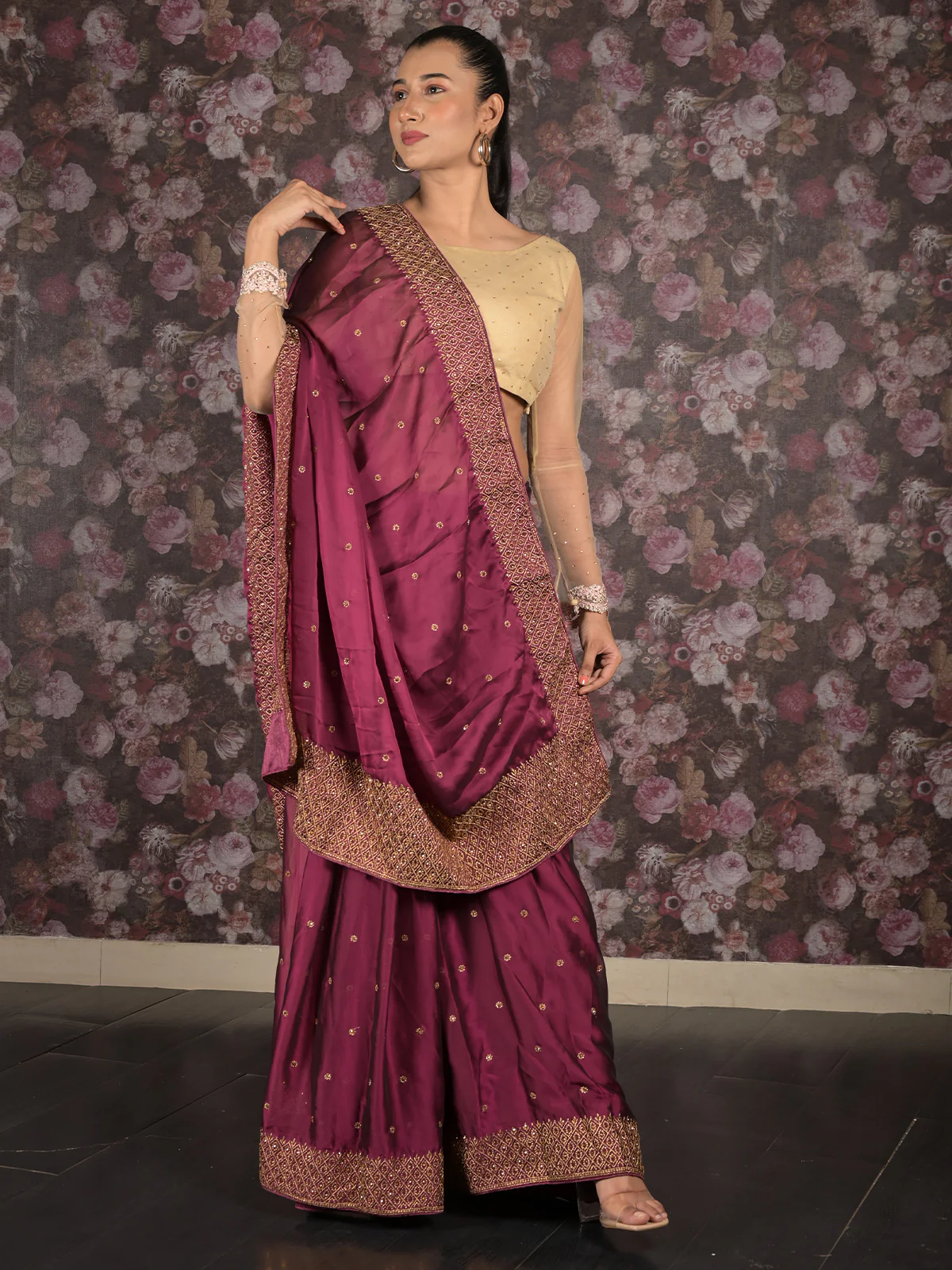 Odette Wine Zari Embroidered Crepe Saree with Unstitched Blouse for Women - Image 2
