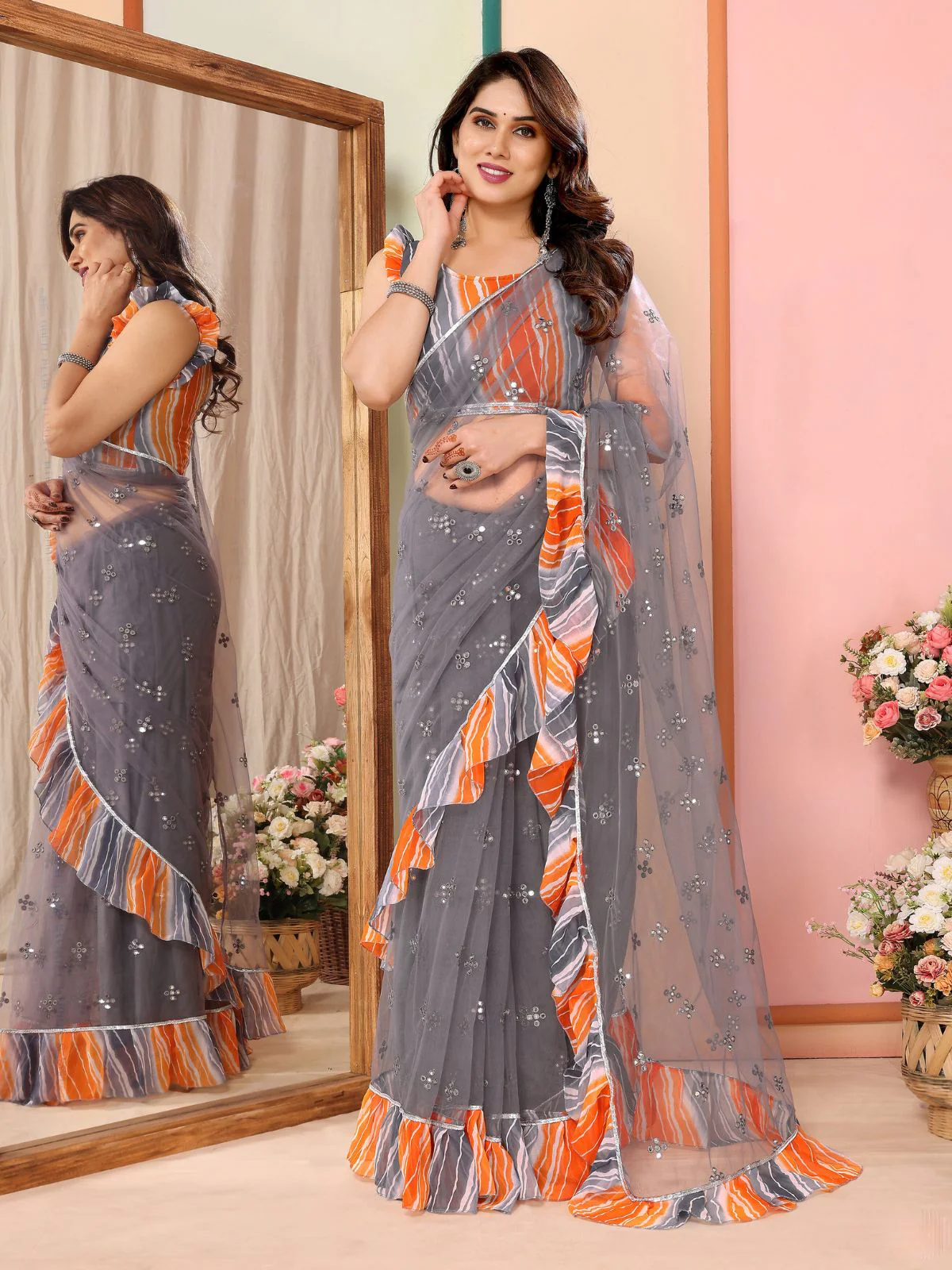 Odette Women Grey Net Mirror Work Saree With Unstitched Blouse