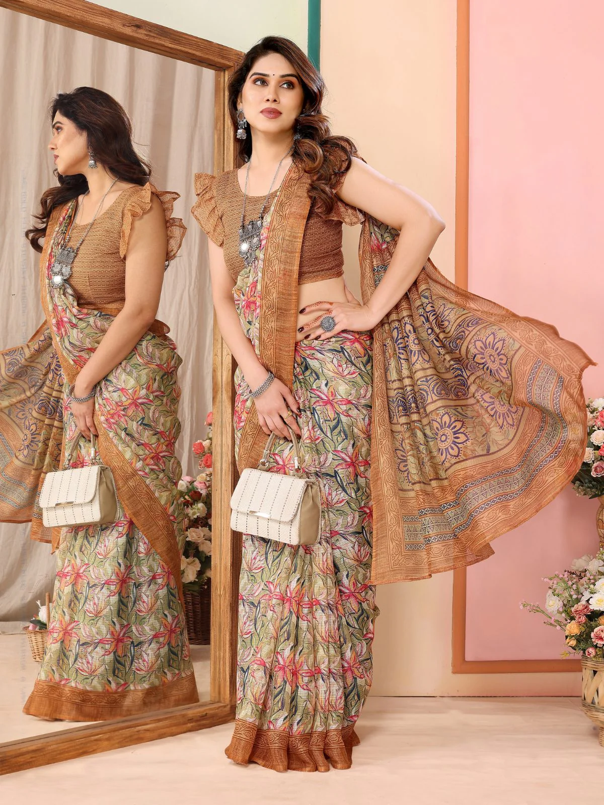 Odette Women Multicolor Cotton Blend Printed Saree With Unstitched Blouse - Image 3