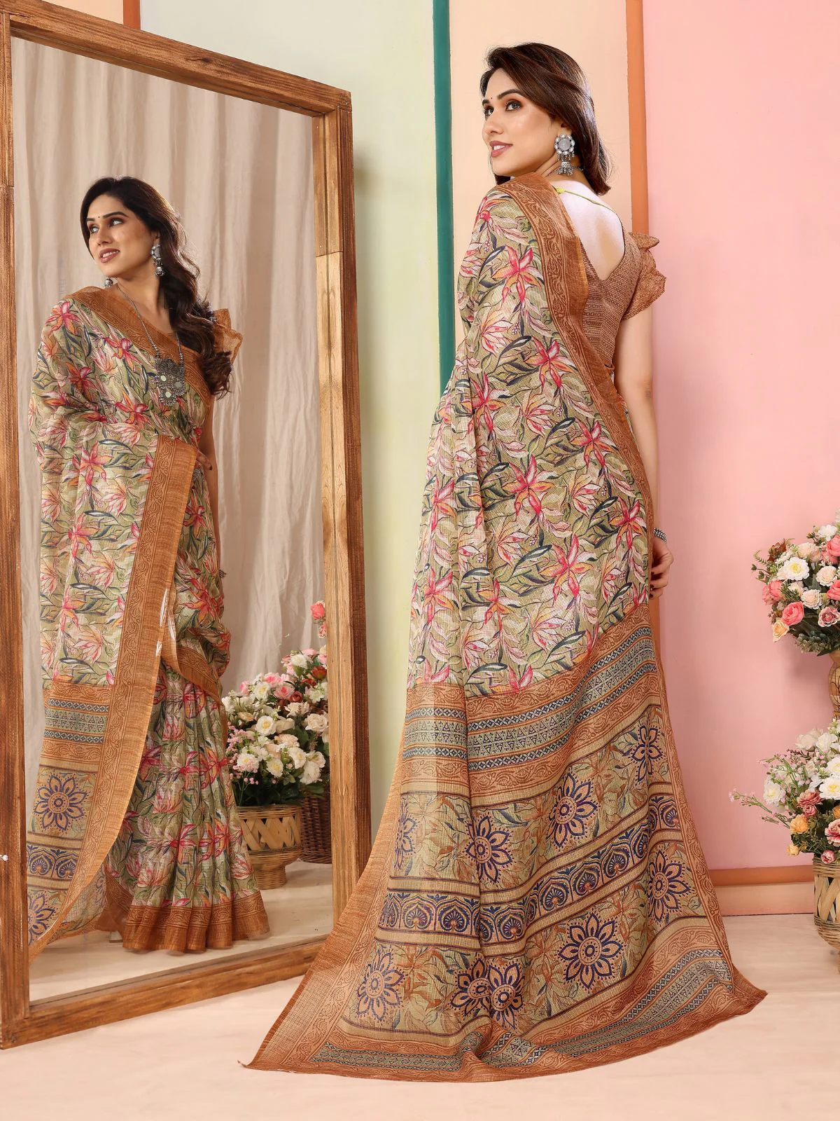 Odette Women Multicolor Cotton Blend Printed Saree With Unstitched Blouse - Image 4