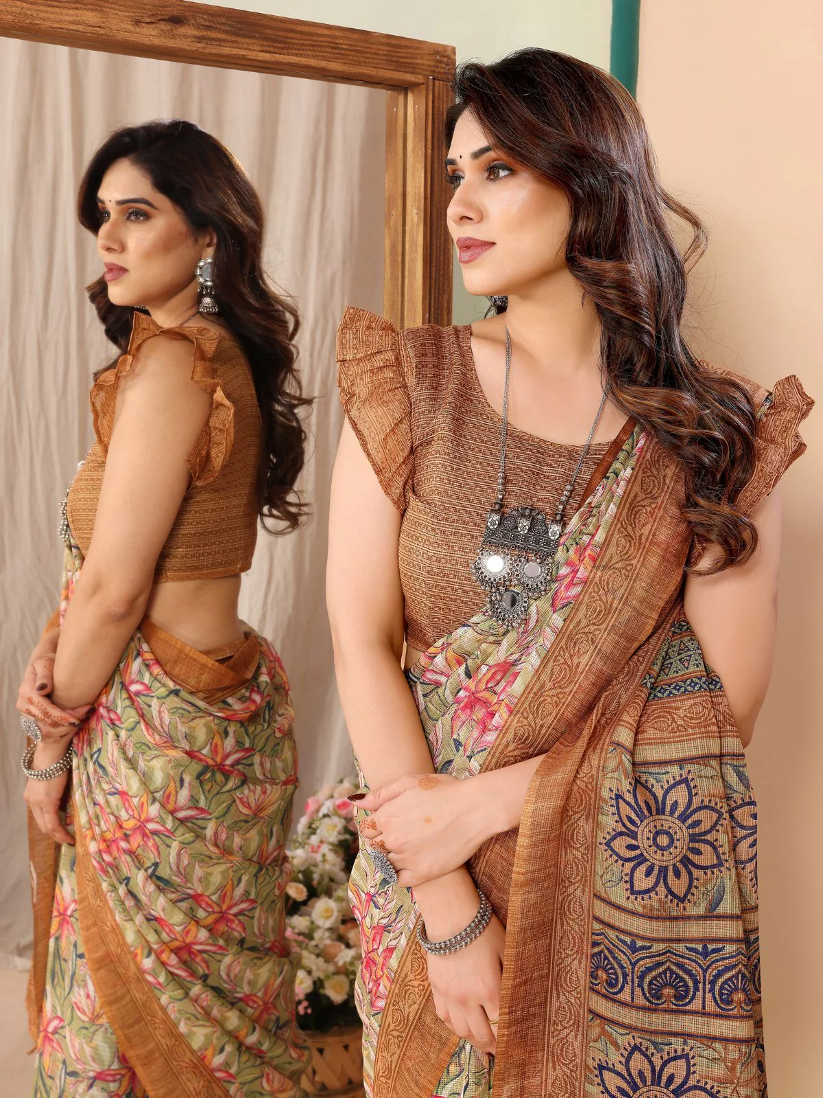 Odette Women Multicolor Cotton Blend Printed Saree With Unstitched Blouse - Image 5