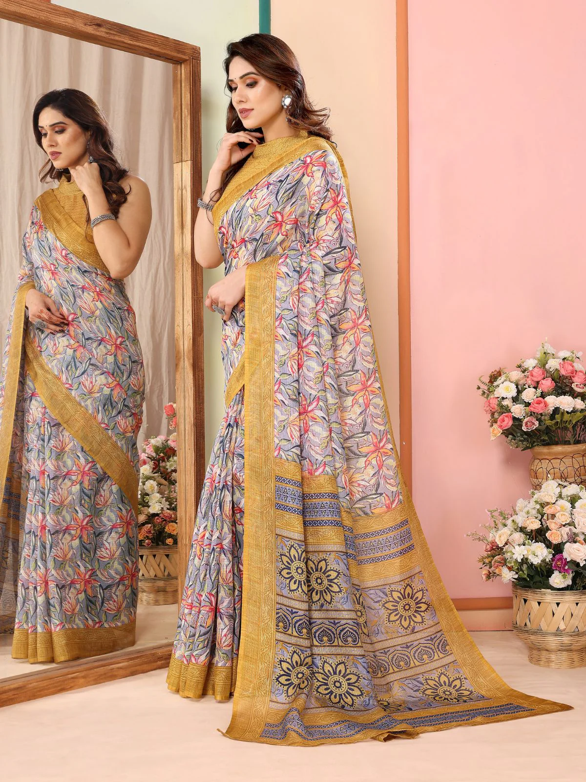 Odette Women Multicolor Cotton Blend Printed Saree With Unstitched Blouse - Image 2