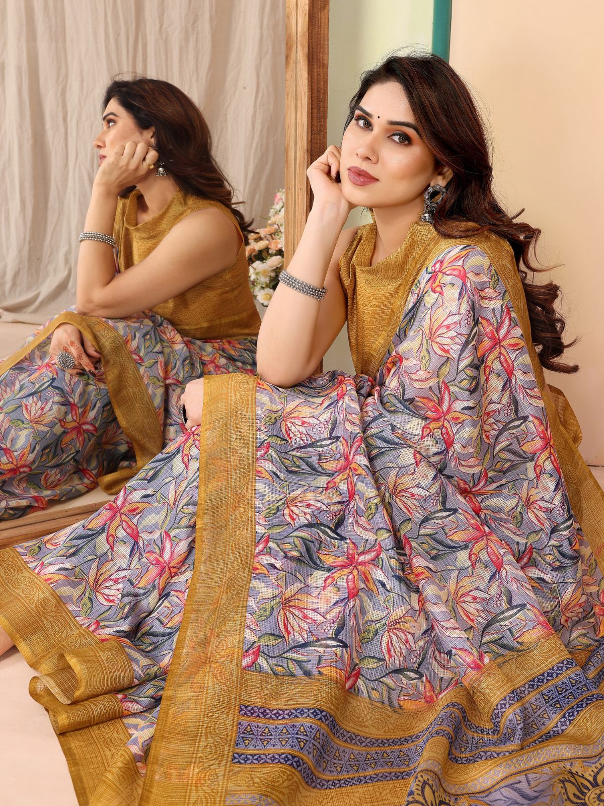 Odette Women Multicolor Cotton Blend Printed Saree With Unstitched Blouse - Image 4