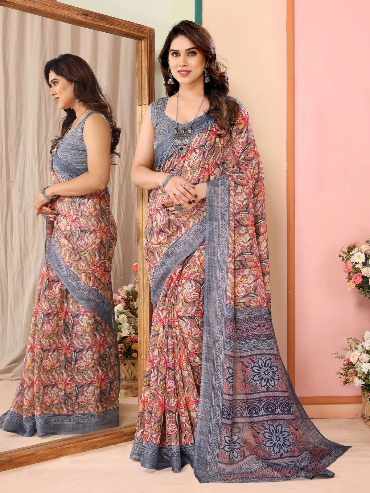 Odette Women Multicolor Cotton Blend Printed Saree With Unstitched Blouse