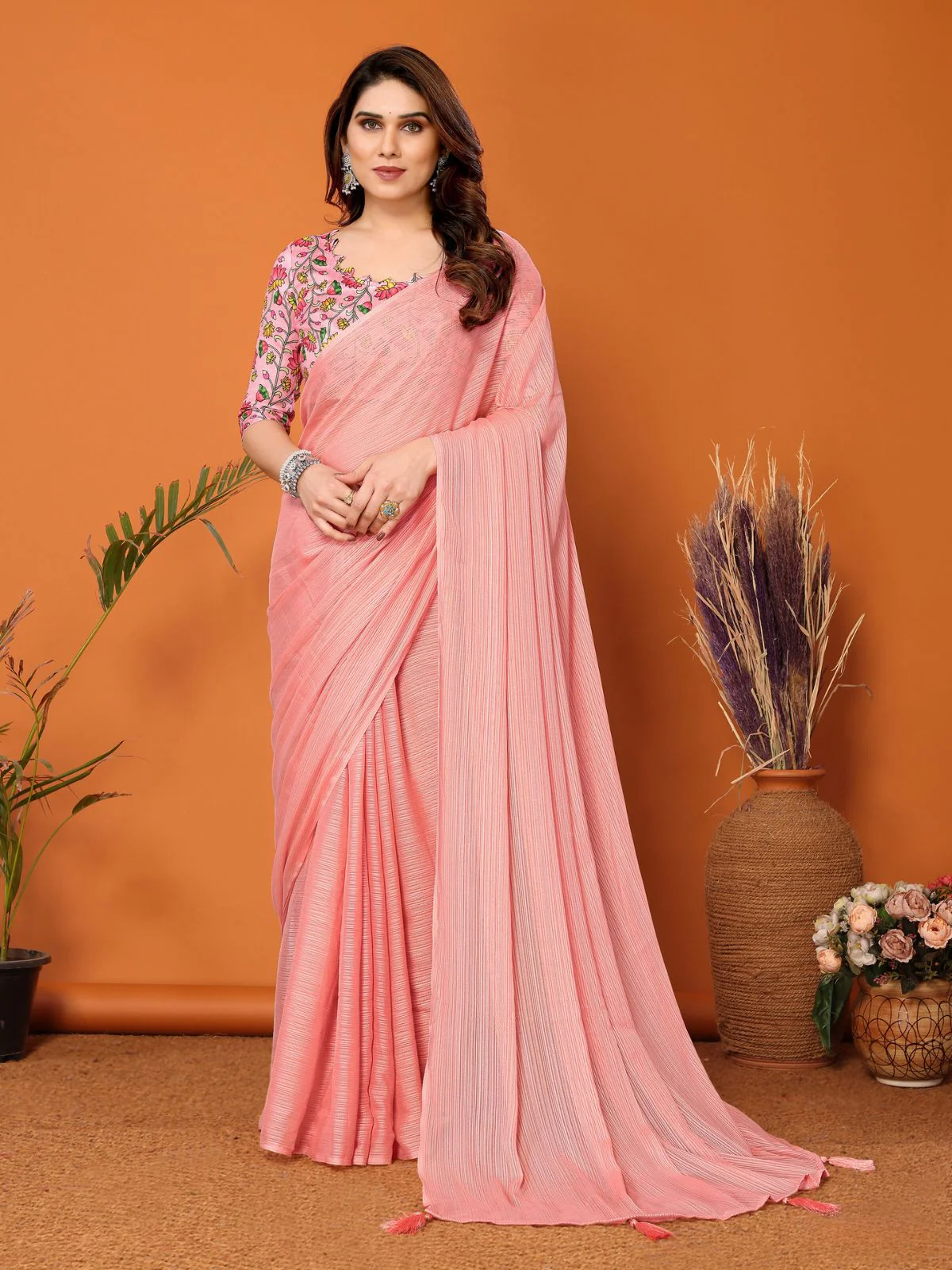 Odette Women Peach Polyester Solid Saree With Unstitched Blouse