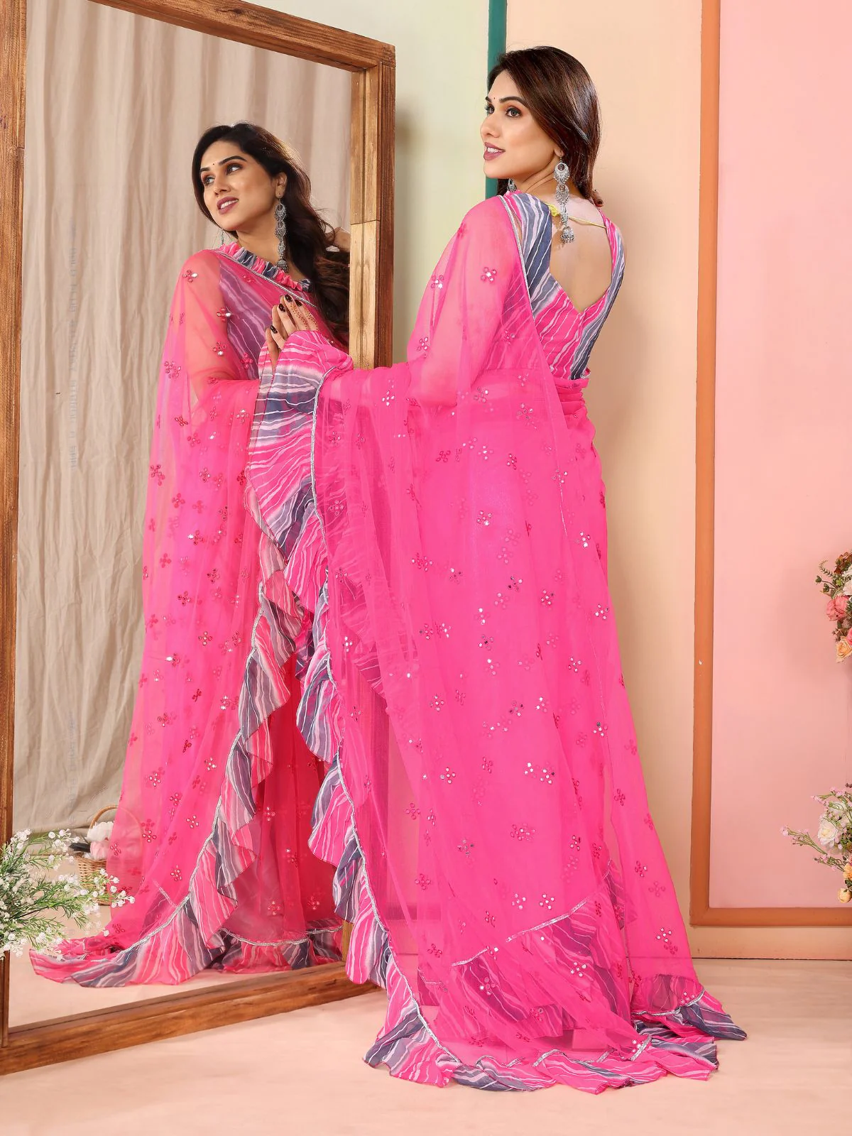 Odette Women Pink Net Mirror Work Saree With Unstitched Blouse - Image 3
