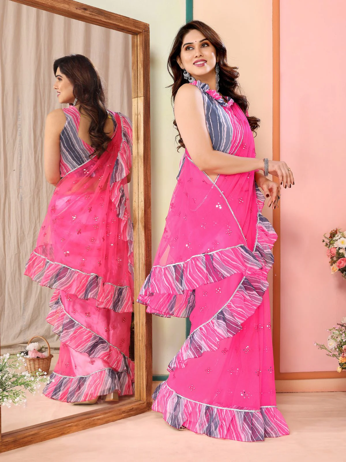 Odette Women Pink Net Mirror Work Saree With Unstitched Blouse - Image 4