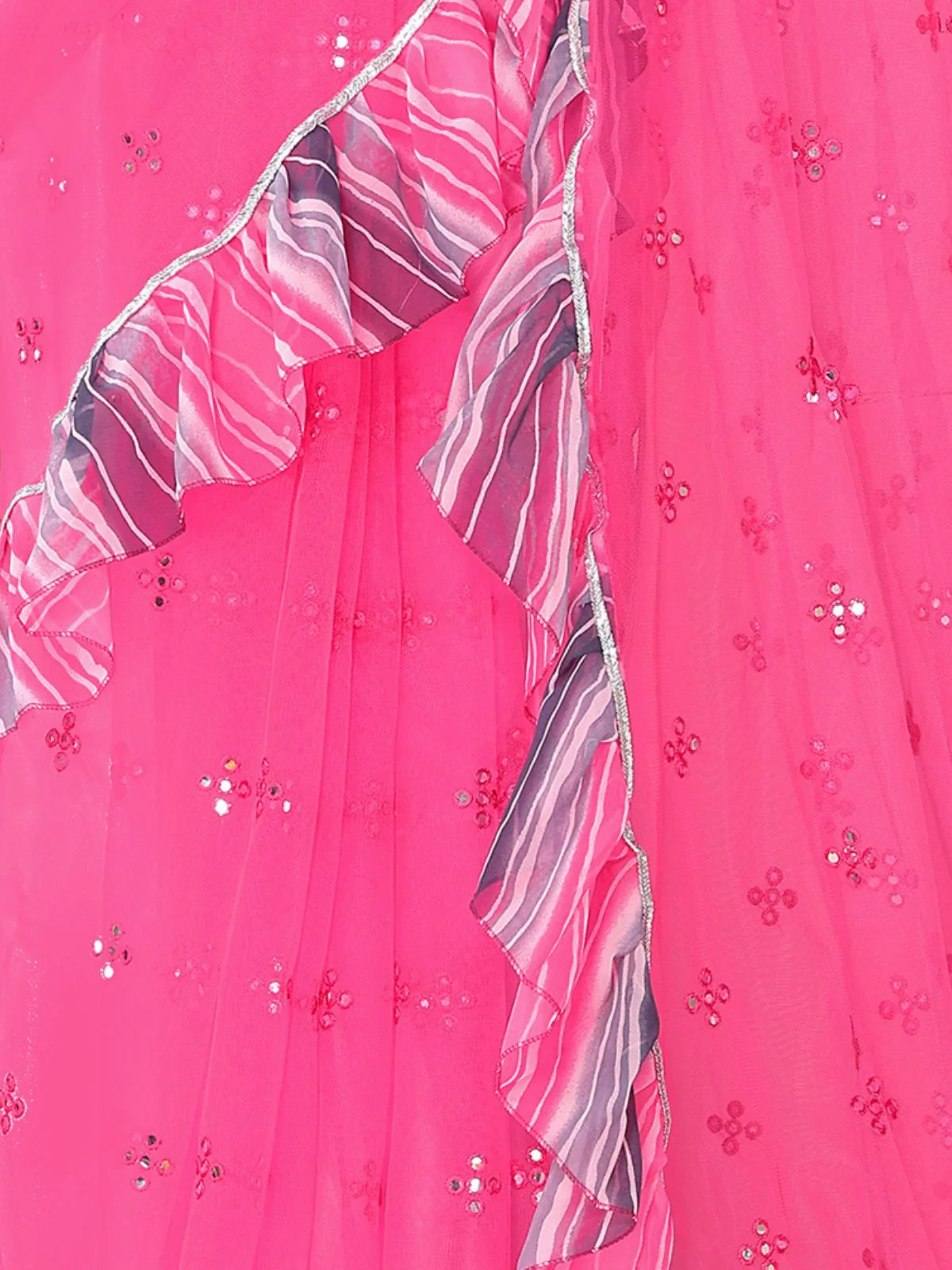 Odette Women Pink Net Mirror Work Saree With Unstitched Blouse - Image 5