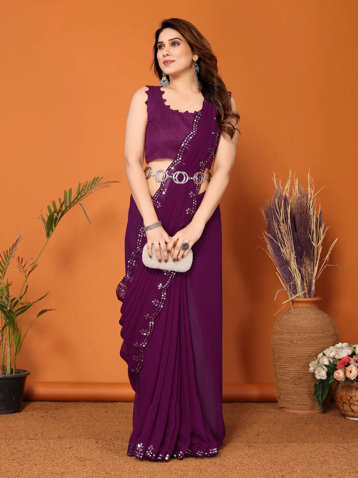 Odette Women Purple Georgette Mirror Work Saree With Unstitched Blouse - Image 2