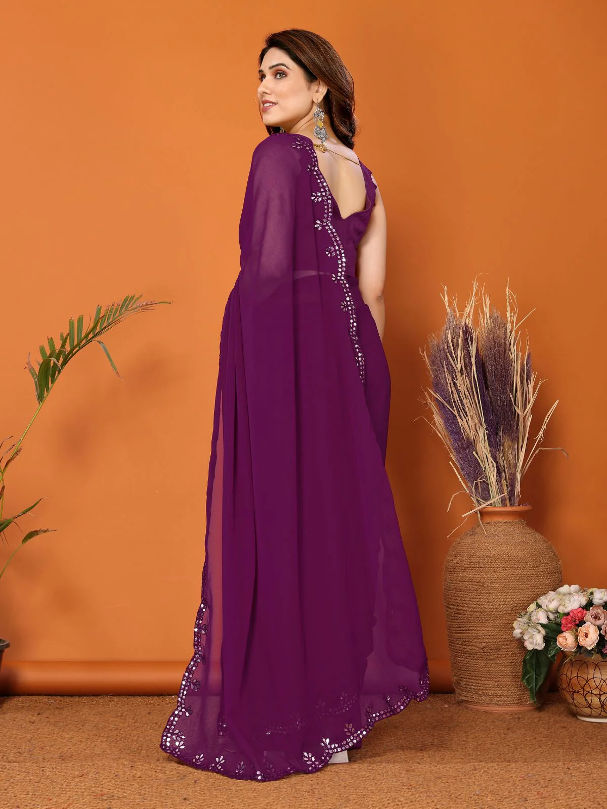 Odette Women Purple Georgette Mirror Work Saree With Unstitched Blouse - Image 3