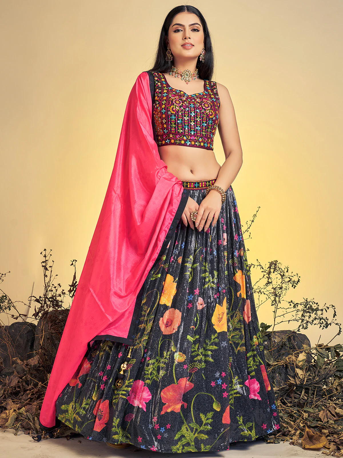 Odette Women Stunning Black Art Silk Sequins Work Stitched Lehenga Choli Set