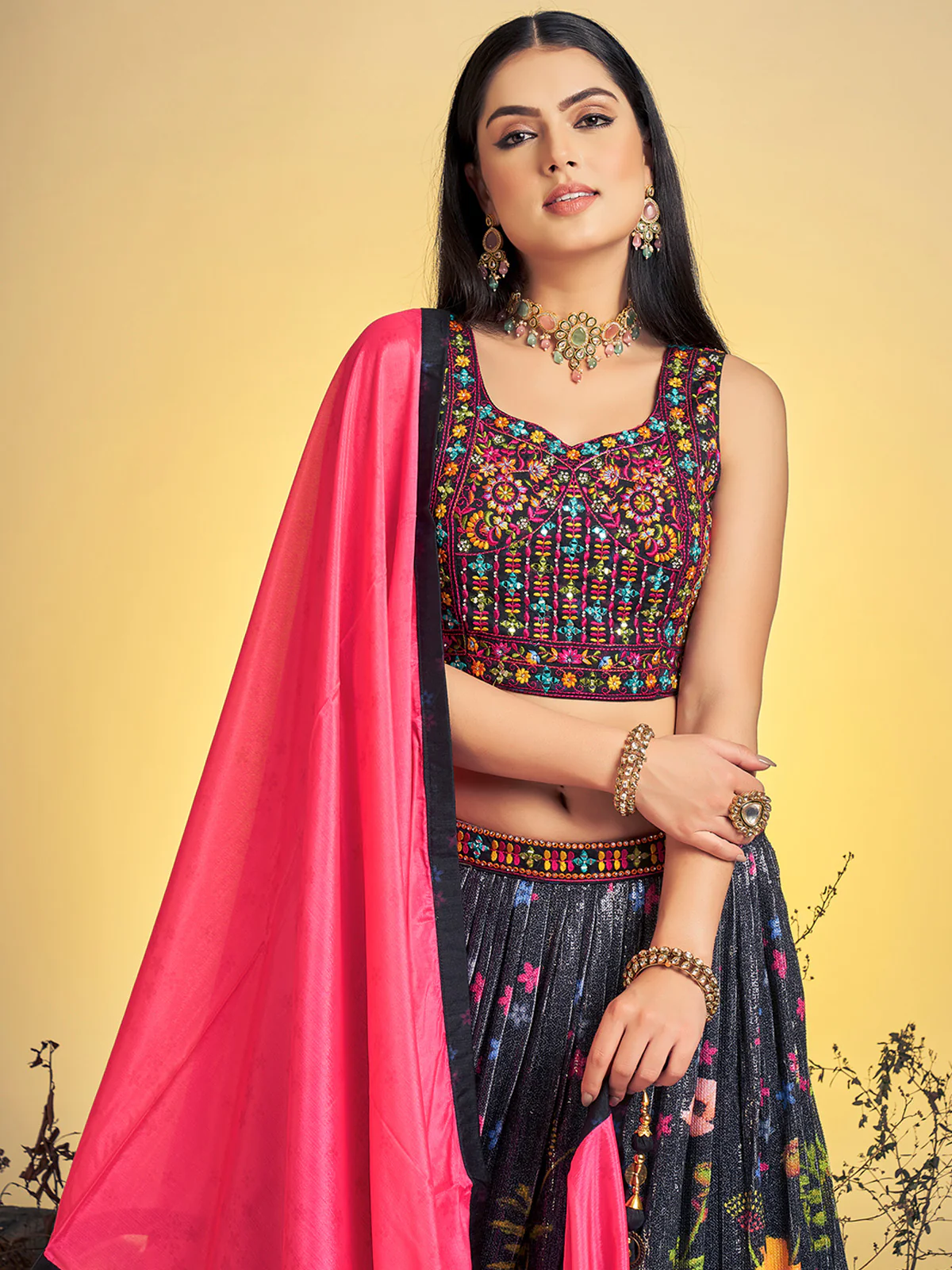 Odette Women Stunning Black Art Silk Sequins Work Stitched Lehenga Choli Set - Image 2