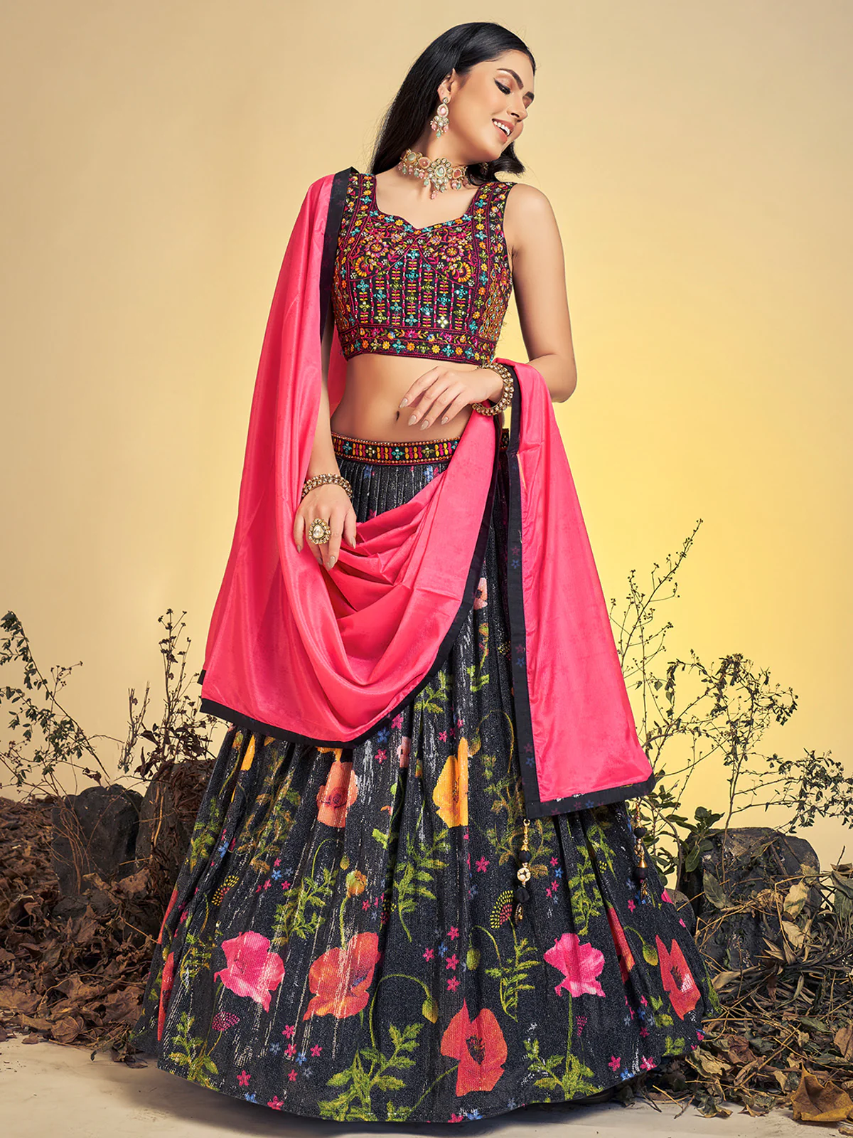 Odette Women Stunning Black Art Silk Sequins Work Stitched Lehenga Choli Set - Image 3