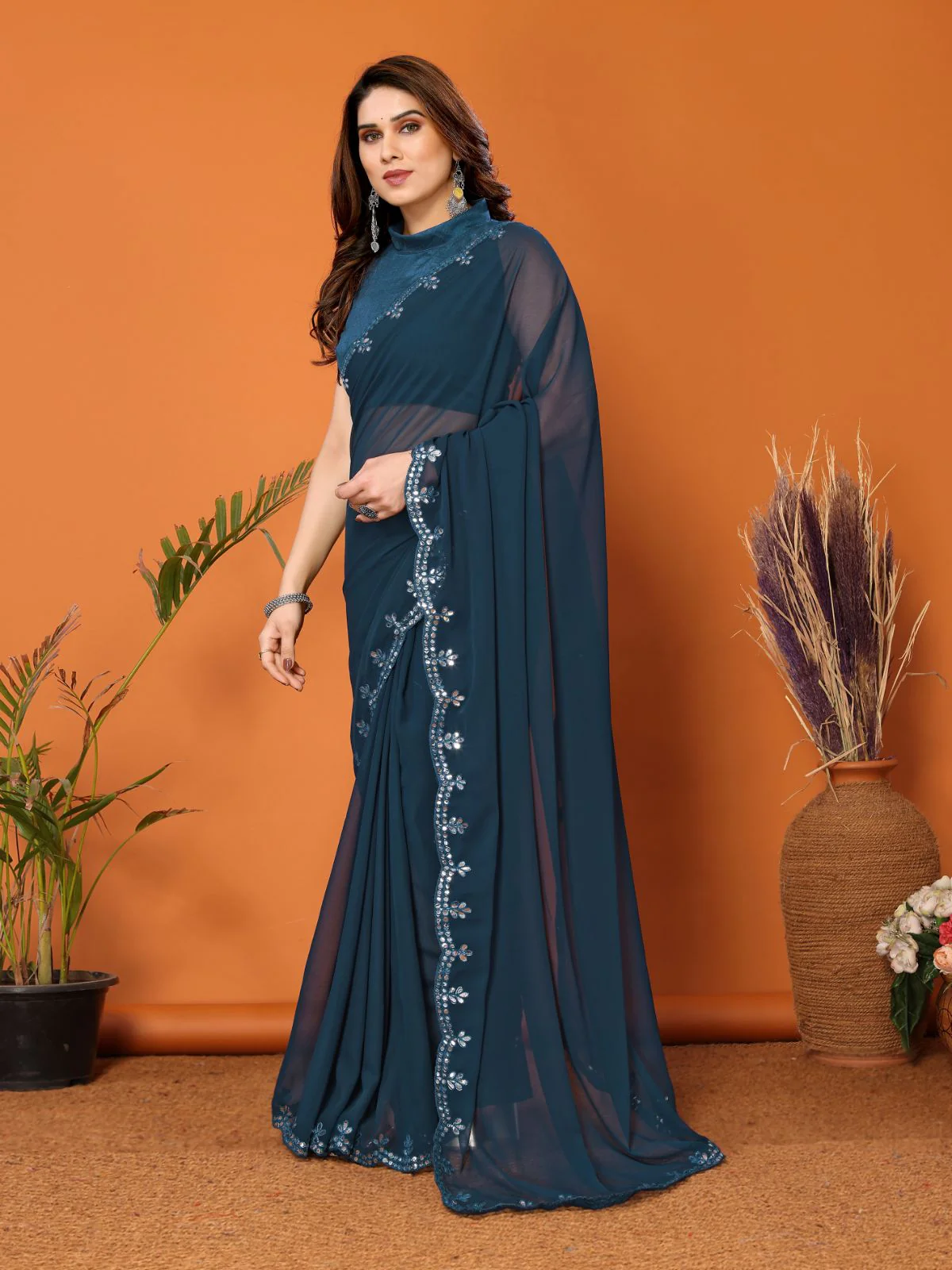 Odette Women Teal Georgette Mirror Work Saree With Unstitched Blouse - Image 2