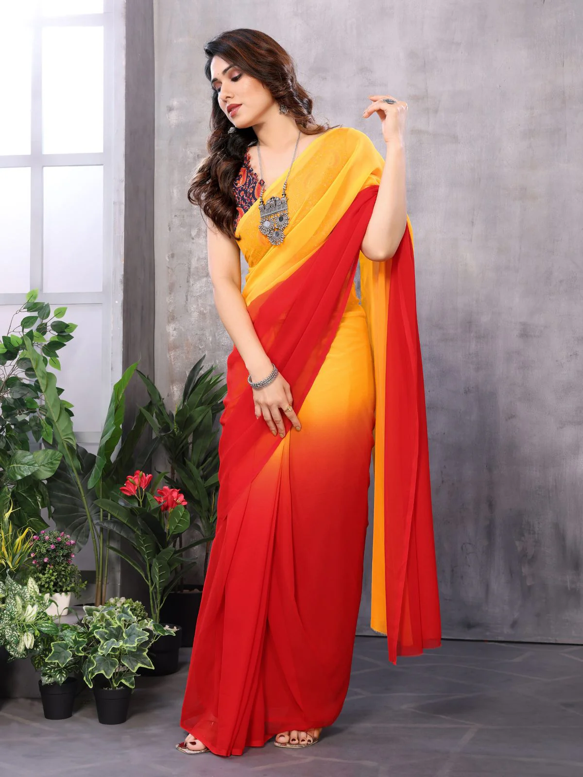 Odette Women Yellow And Red Georgette Solid Saree With Unstitched Blouse - Image 3