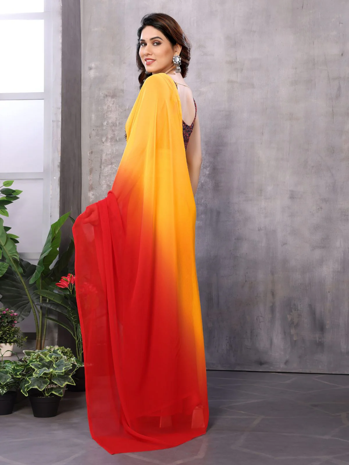 Odette Women Yellow And Red Georgette Solid Saree With Unstitched Blouse - Image 4