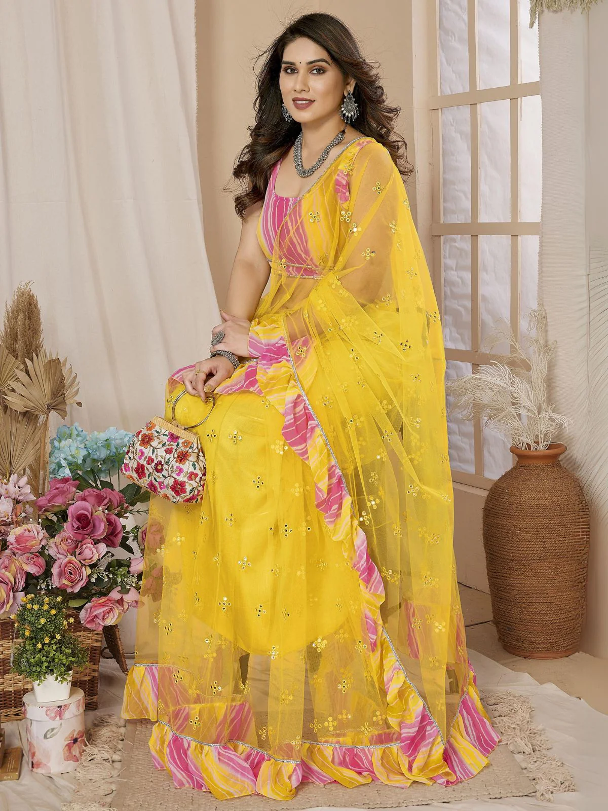 Odette Women Yellow Net Mirror Work Saree With Unstitched Blouse - Image 2