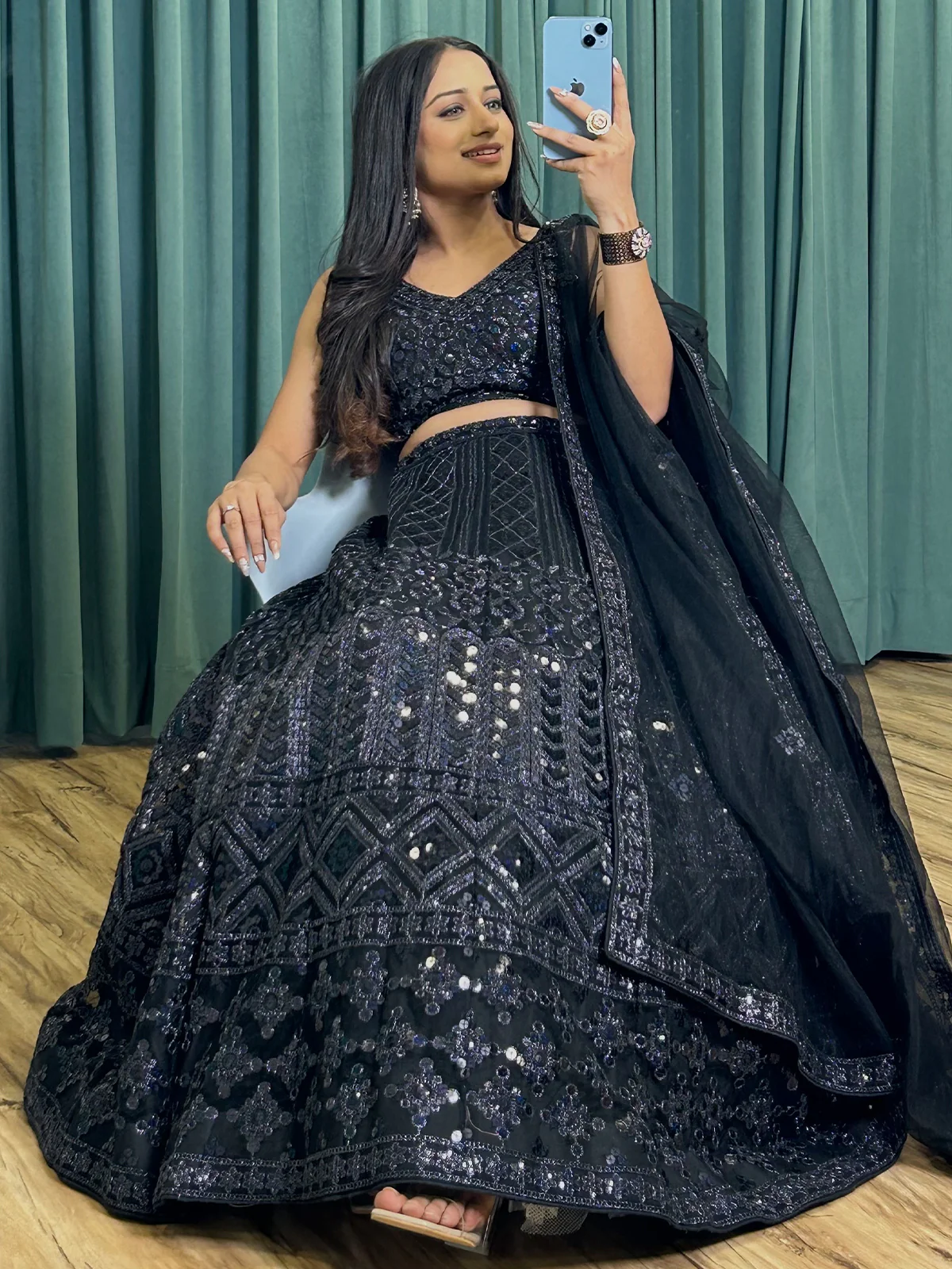 Odette Women's Black Net Semi Stitched Lehenga with Unstitched Blouse - Image 3